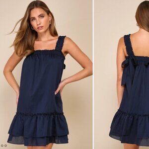 Lulus Sensationally Precious Navy Blue Bow Ruffled Mini Shift Dress